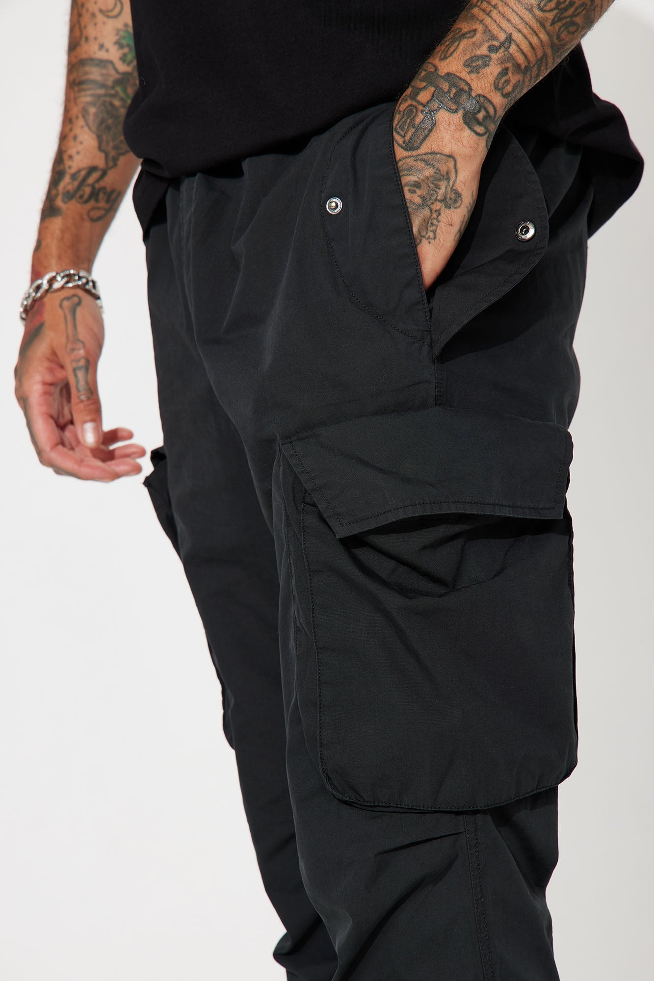 Slim Flare Cargo Parachute Pants - Black