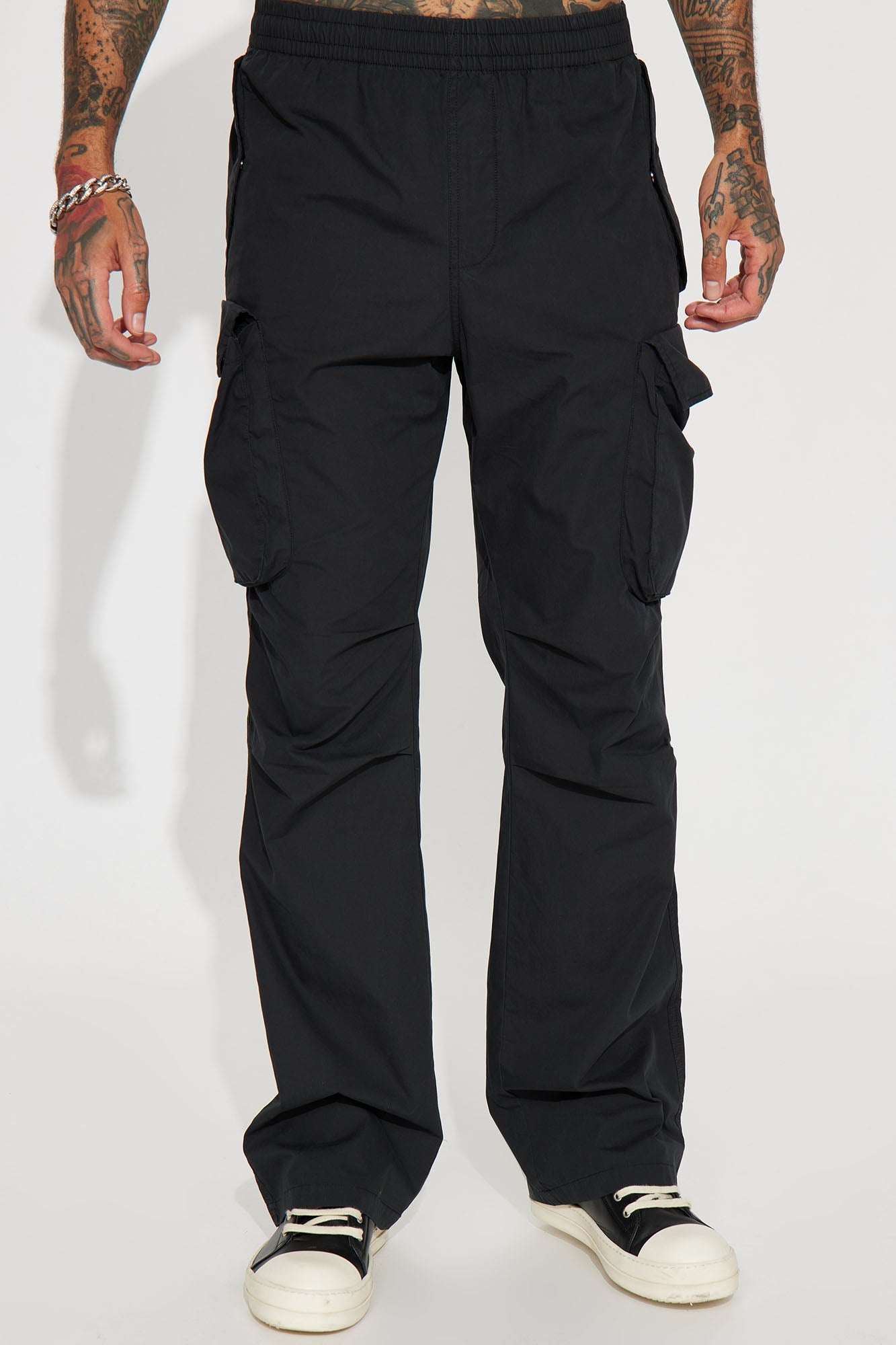 Slim Flare Cargo Parachute Pants - Black