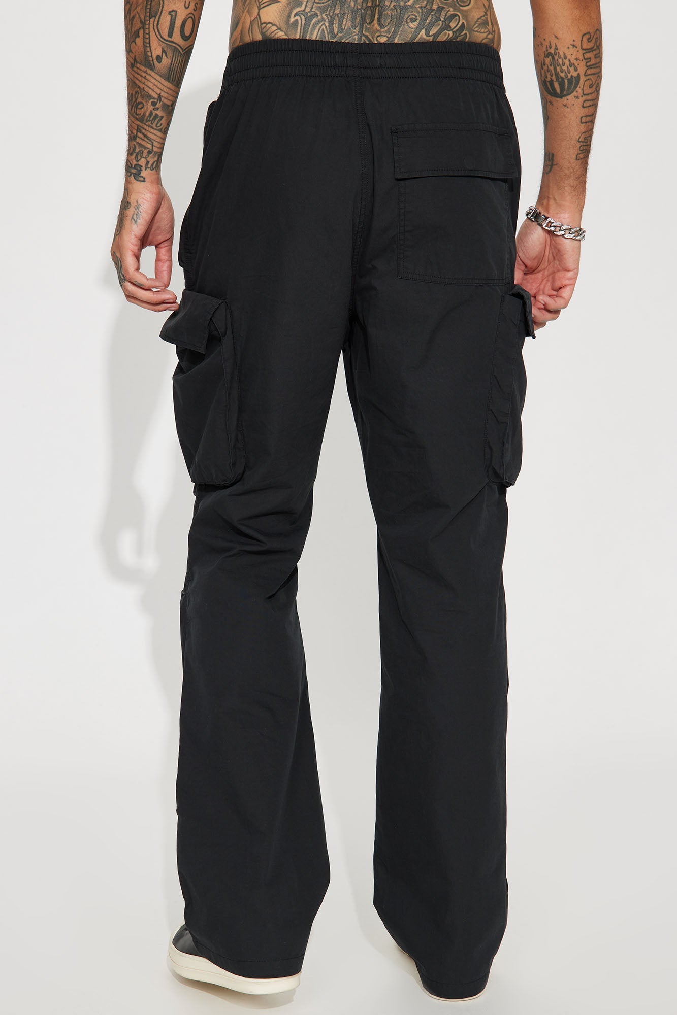 Slim Flare Cargo Parachute Pants - Black