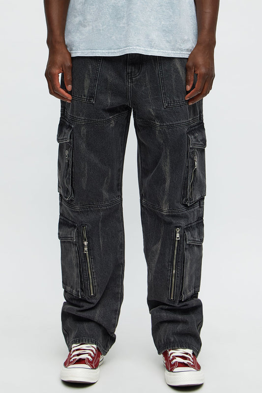 Rapid Action Cargo Relaxed Tapered Jeans  - Black
