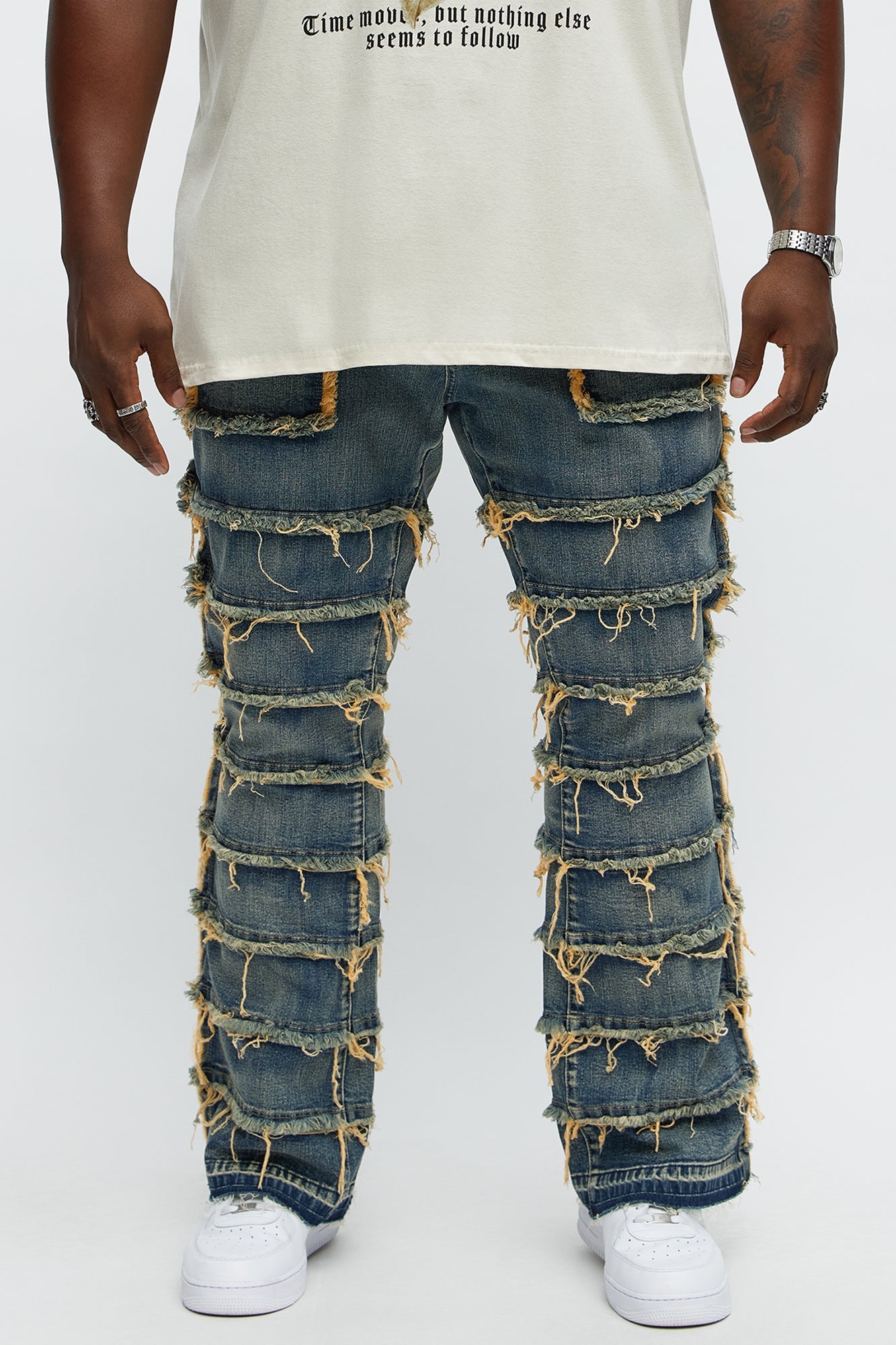 Square Pockets Fray Stacked Skinny Flare Jeans - Dark Wash