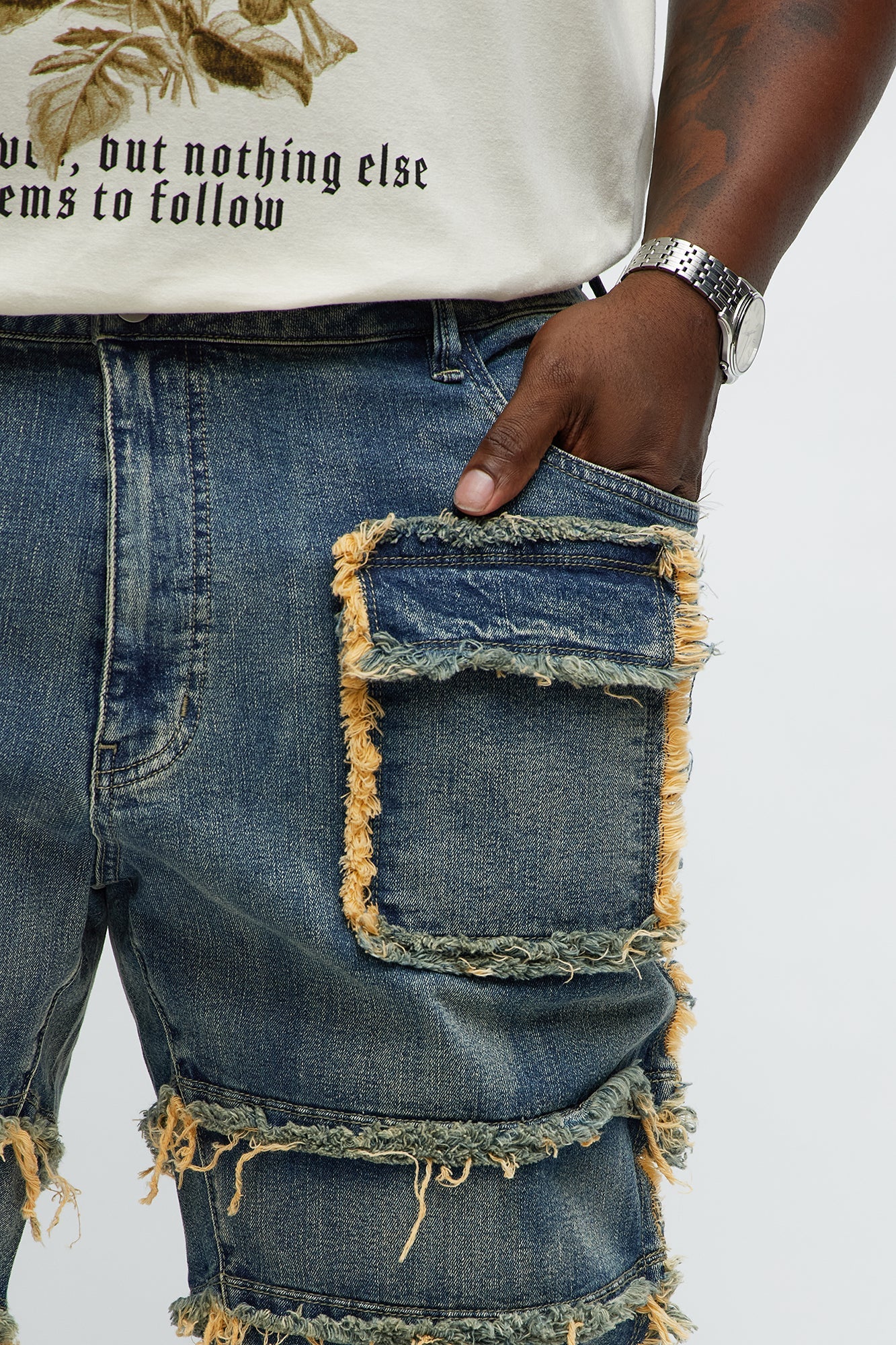 Square Pockets Fray Stacked Skinny Flare Jeans - Dark Wash