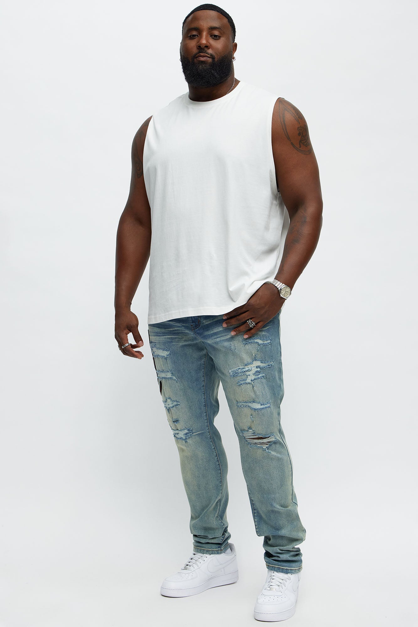 Side Snake Rip And Repair Stacked Skinny Jeans - Vintage Blue Wash