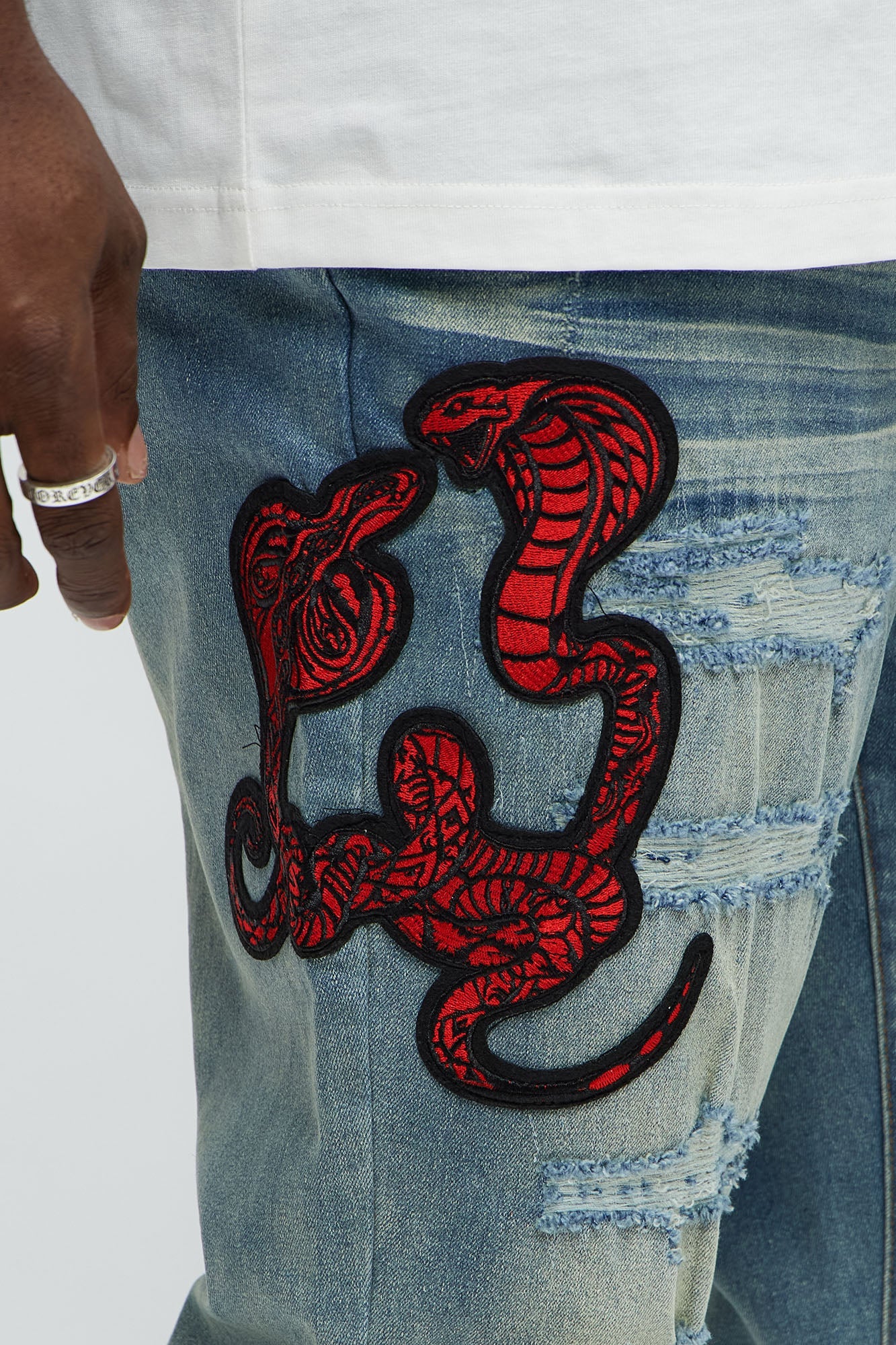 Side Snake Rip And Repair Stacked Skinny Jeans - Vintage Blue Wash