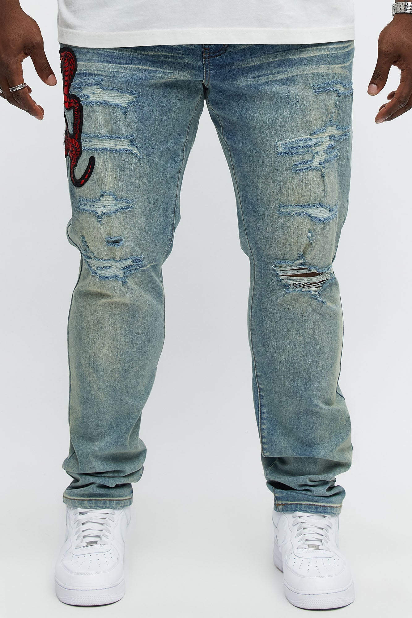 Side Snake Rip And Repair Stacked Skinny Jeans - Vintage Blue Wash