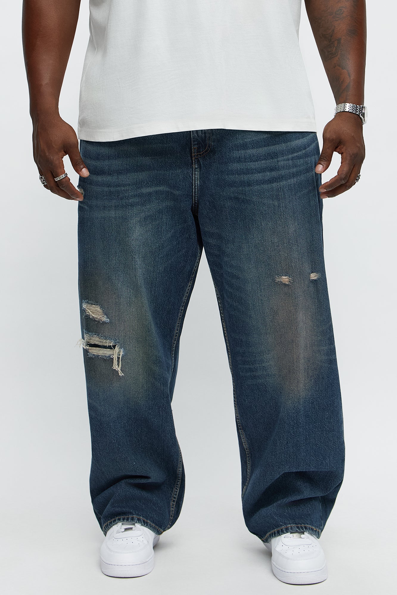 Keeping Tabs Distressed Baggy Jeans - Dark Wash