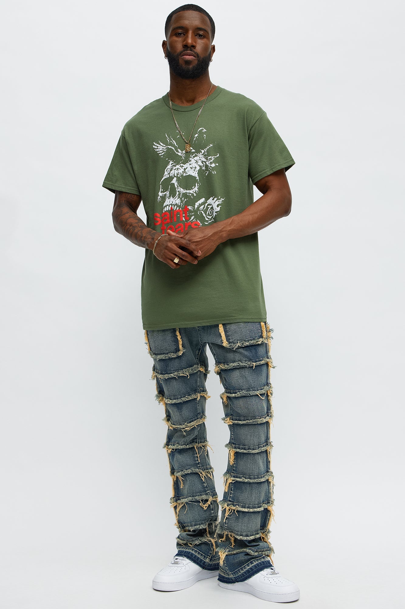 Square Pockets Fray Stacked Skinny Flare Jeans - Dark Wash