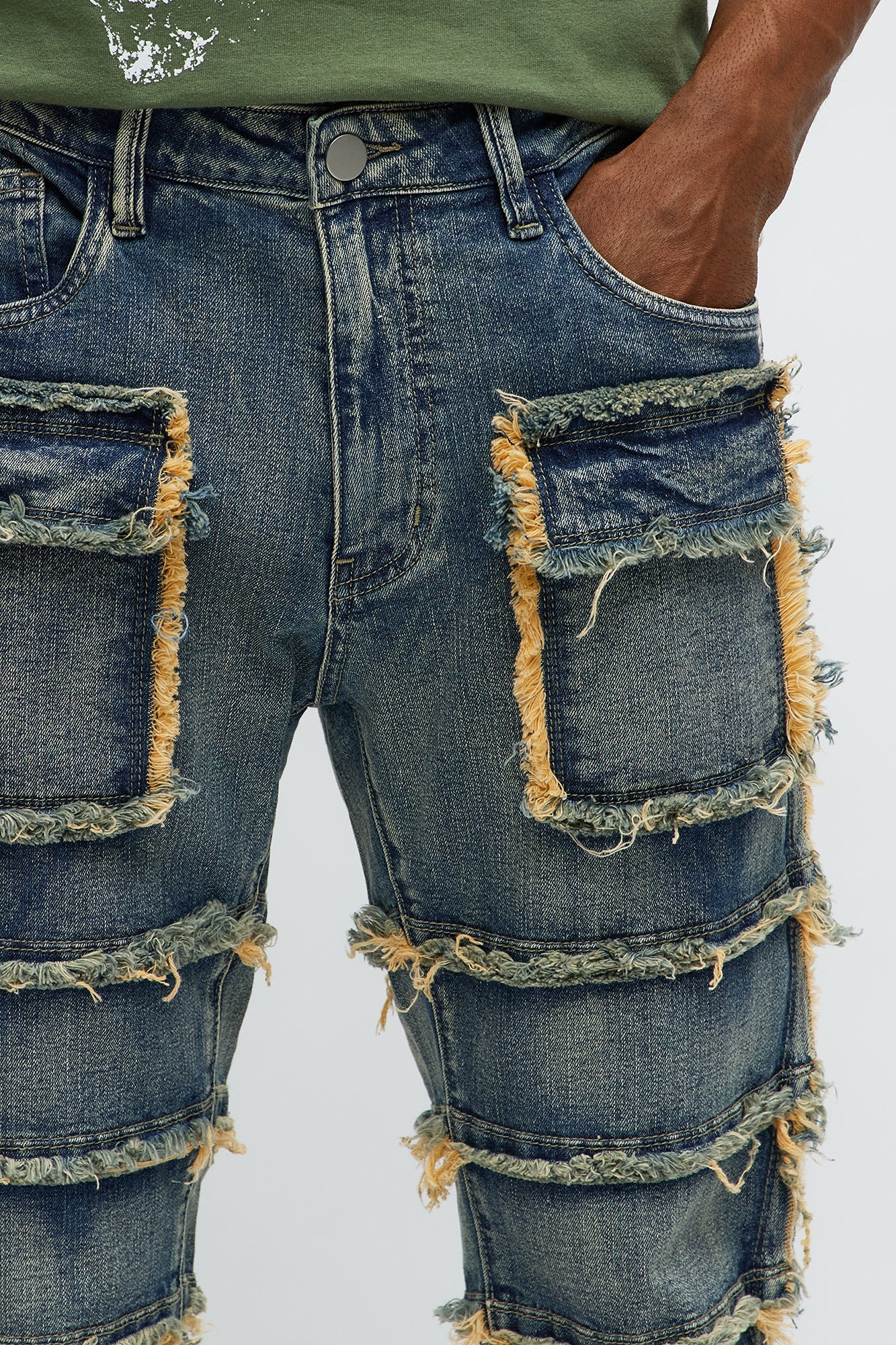 Square Pockets Fray Stacked Skinny Flare Jeans - Dark Wash