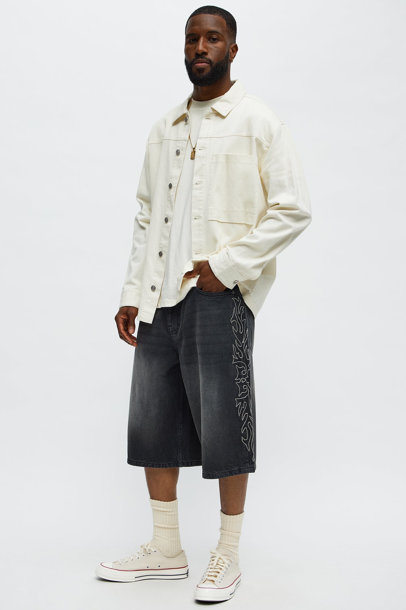 Be Resilient Embroidered Denim Shorts  - Black Wash