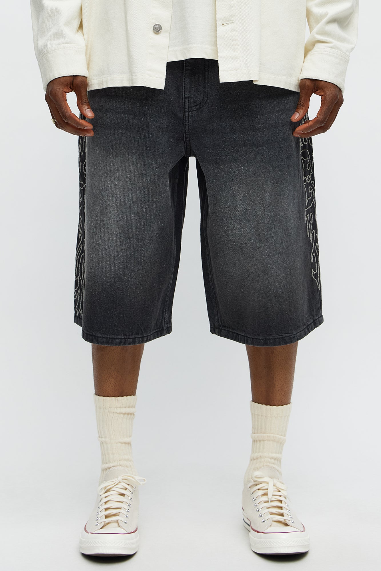 Be Resilient Embroidered Denim Shorts  - Black Wash