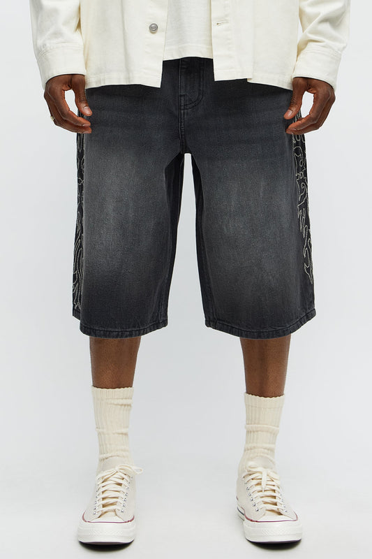 Be Resilient Embroidered Denim Shorts  - Black Wash