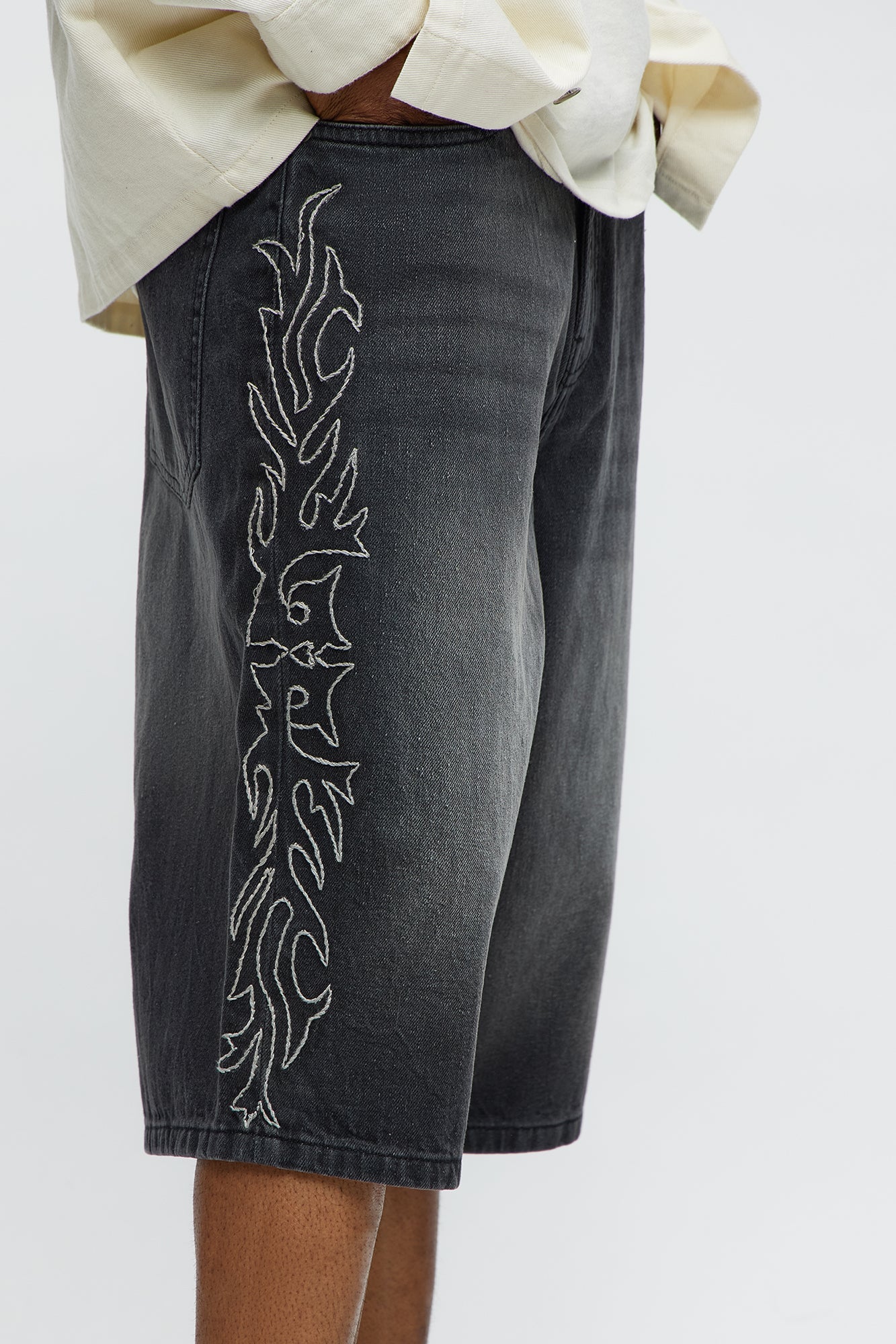 Be Resilient Embroidered Denim Shorts  - Black Wash