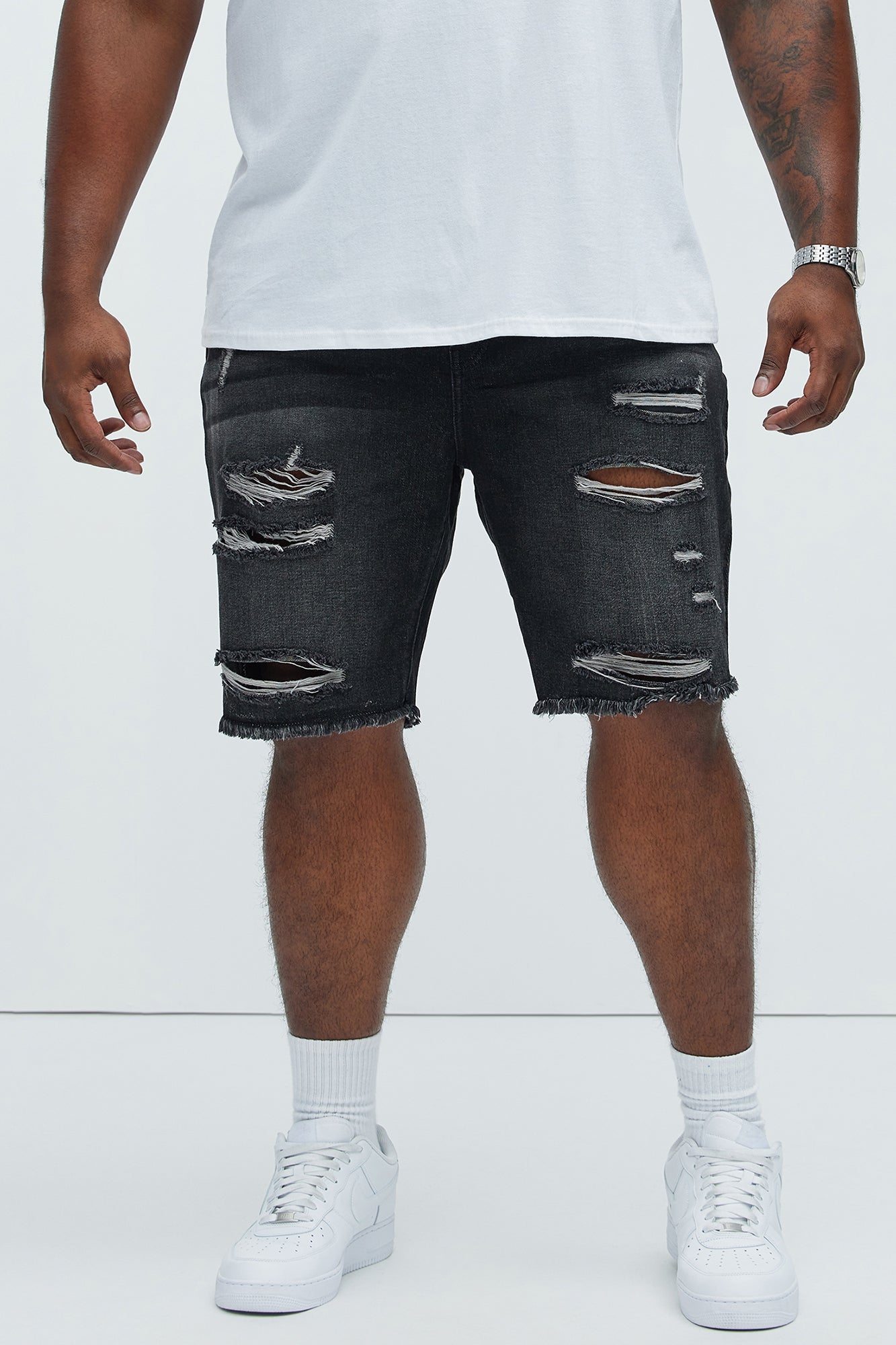 Back To It Distressed Raw Hem Slim Denim Shorts - Black