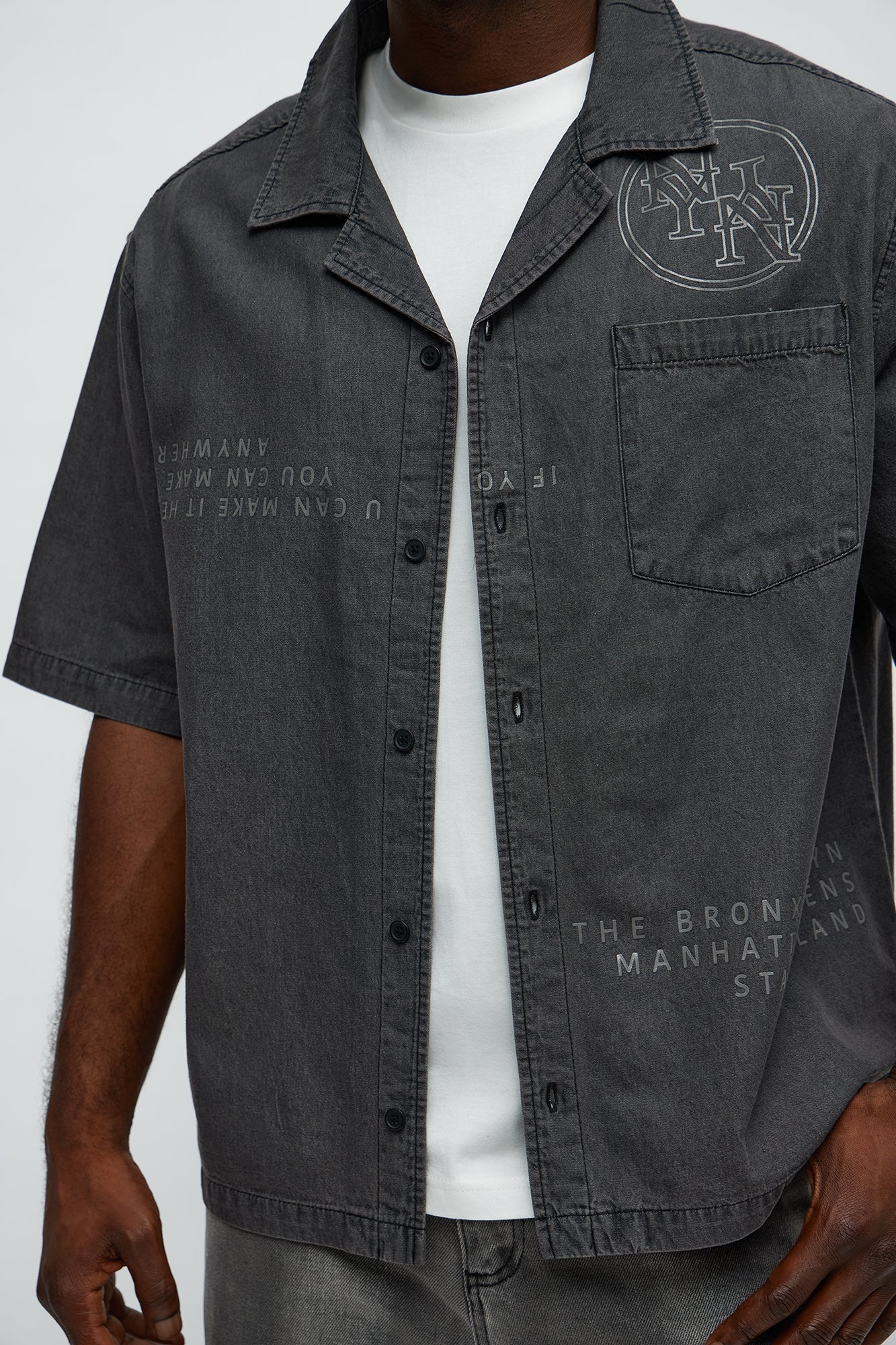 Denim Cuban Collar Button Up Shirt - Black Wash