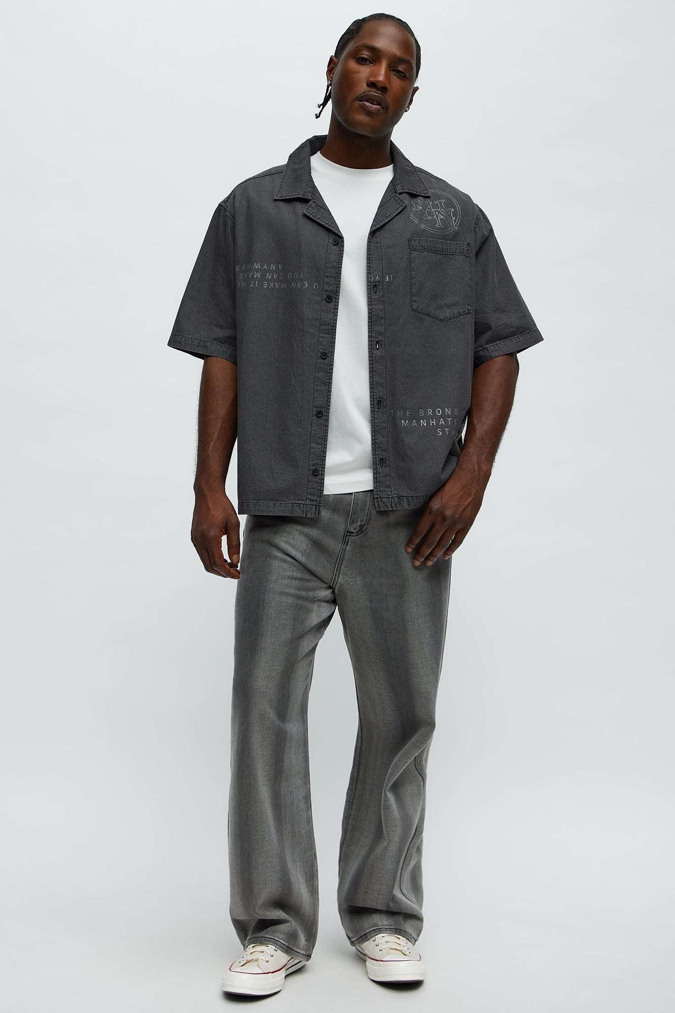 Denim Cuban Collar Button Up Shirt - Black Wash