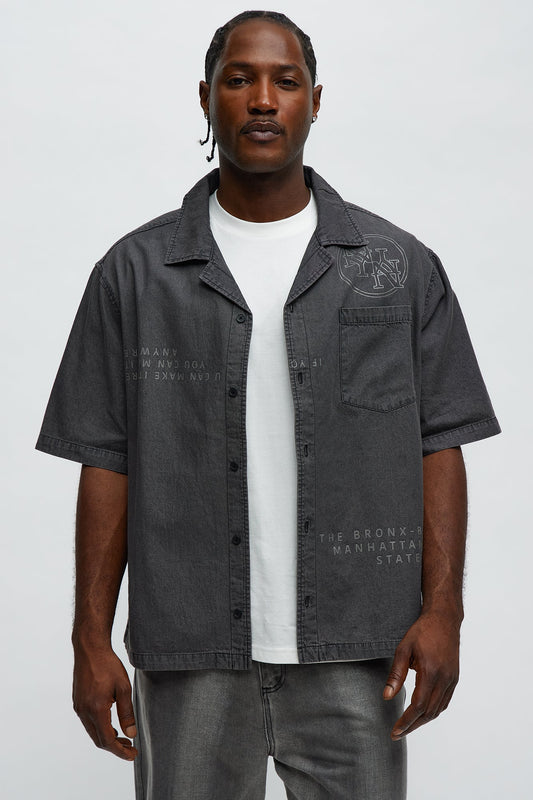 Denim Cuban Collar Button Up Shirt - Black Wash