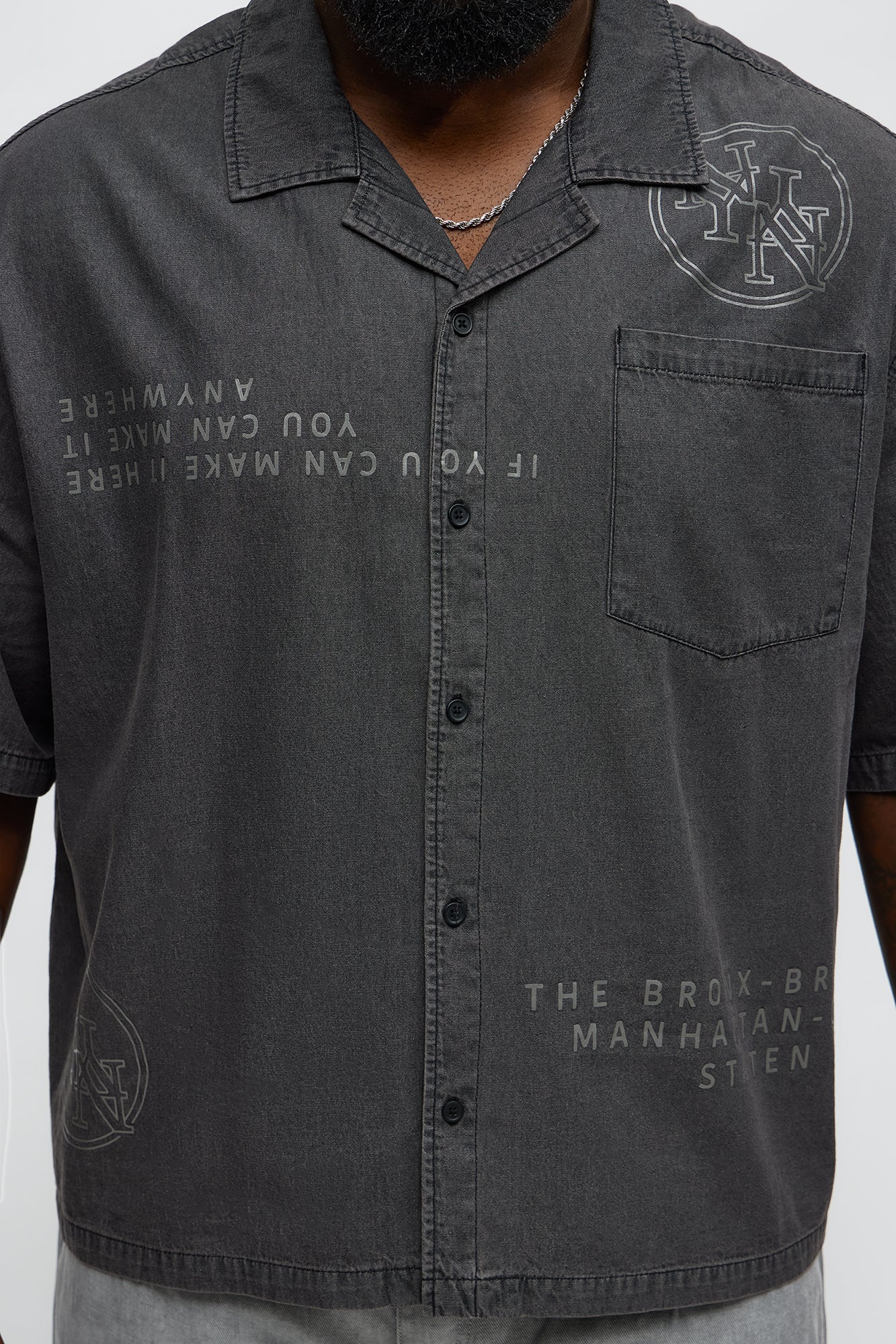 Denim Cuban Collar Button Up Shirt - Black Wash