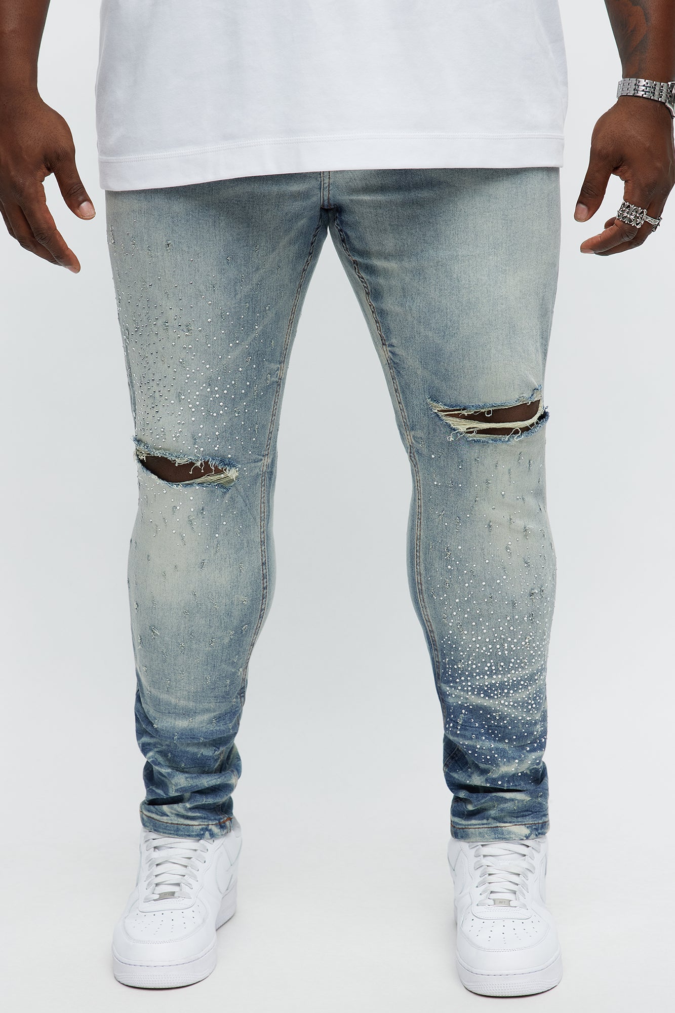 Young Star Jeweled Distressed Skinny Jeans - Medium Blue Wash