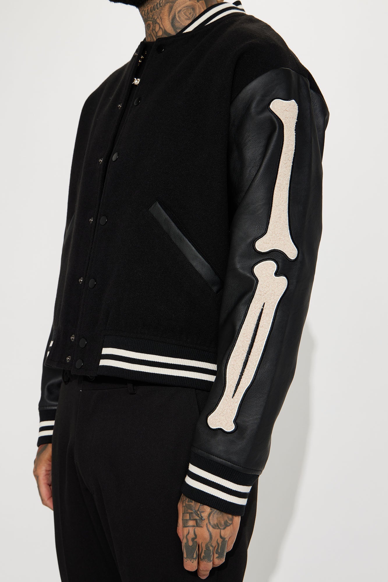 Bone Applique Varsity Bomber Jacket - Black