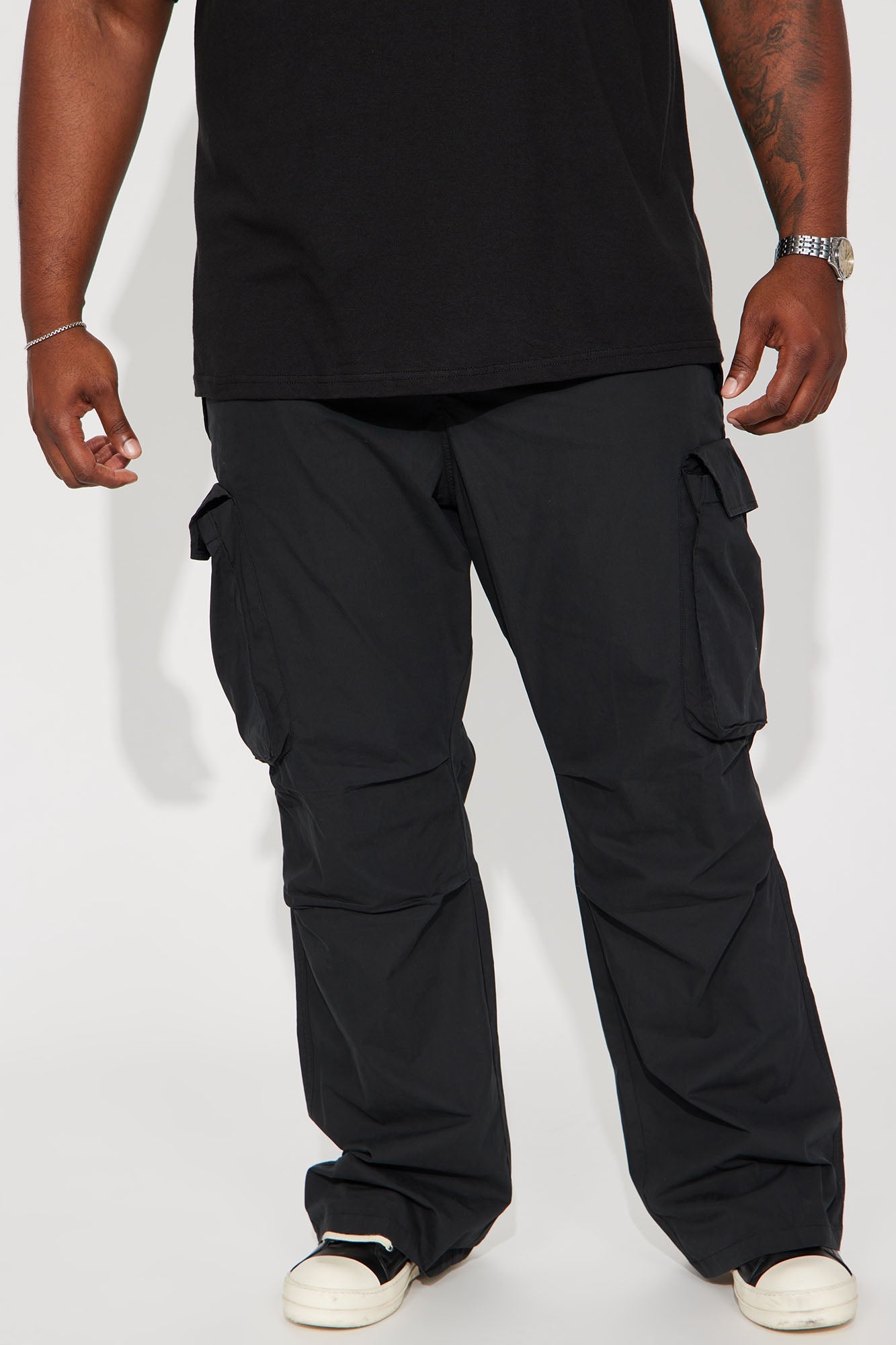 Slim Flare Cargo Parachute Pants - Black