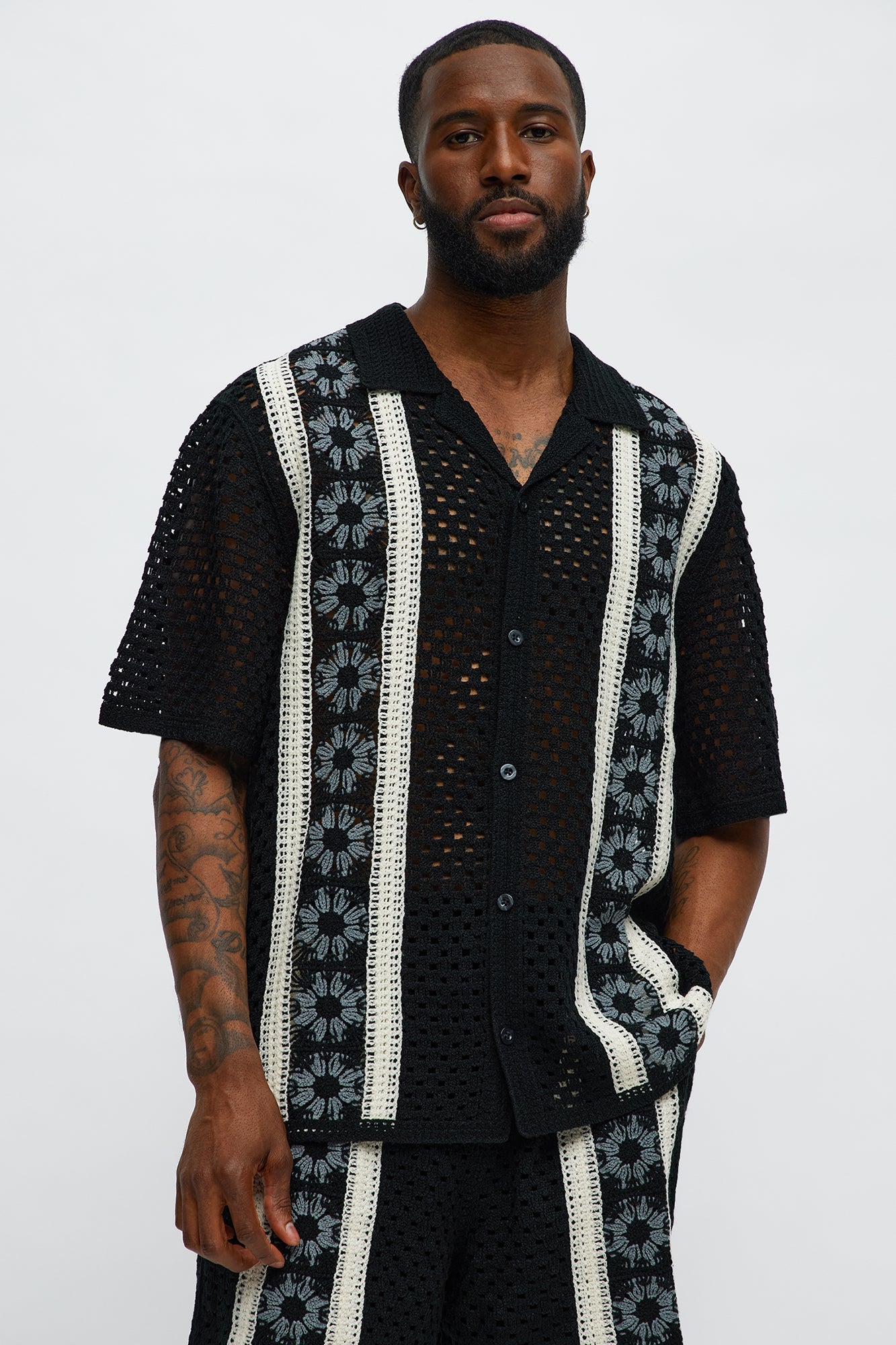 Crochet Panel Cuban Collar Button Up Shirt - Black/combo
