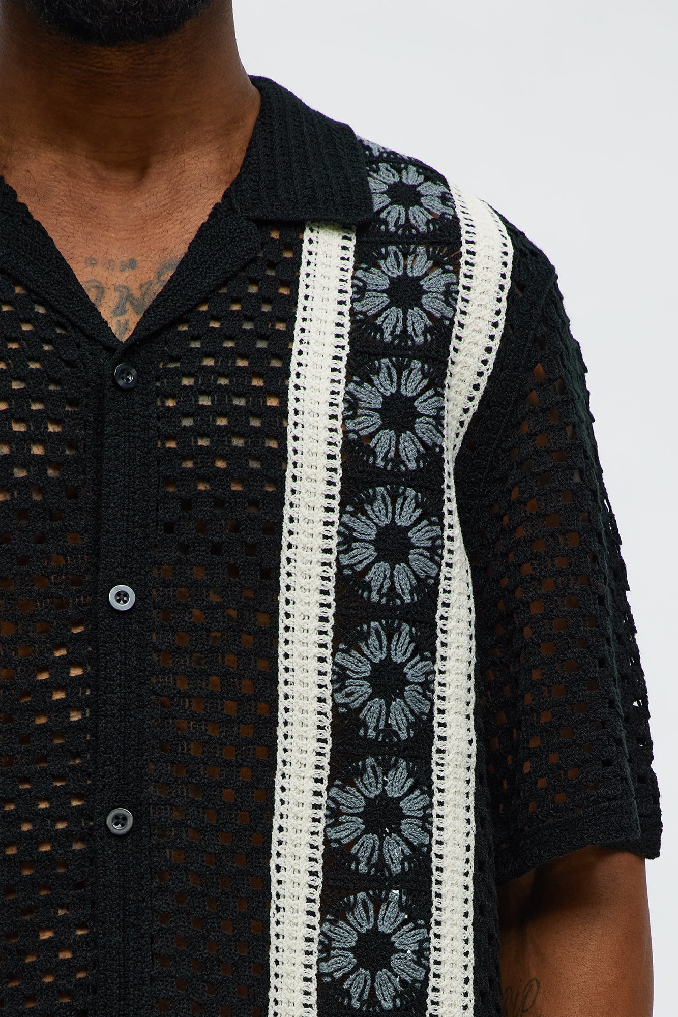 Crochet Panel Cuban Collar Button Up Shirt - Black/combo