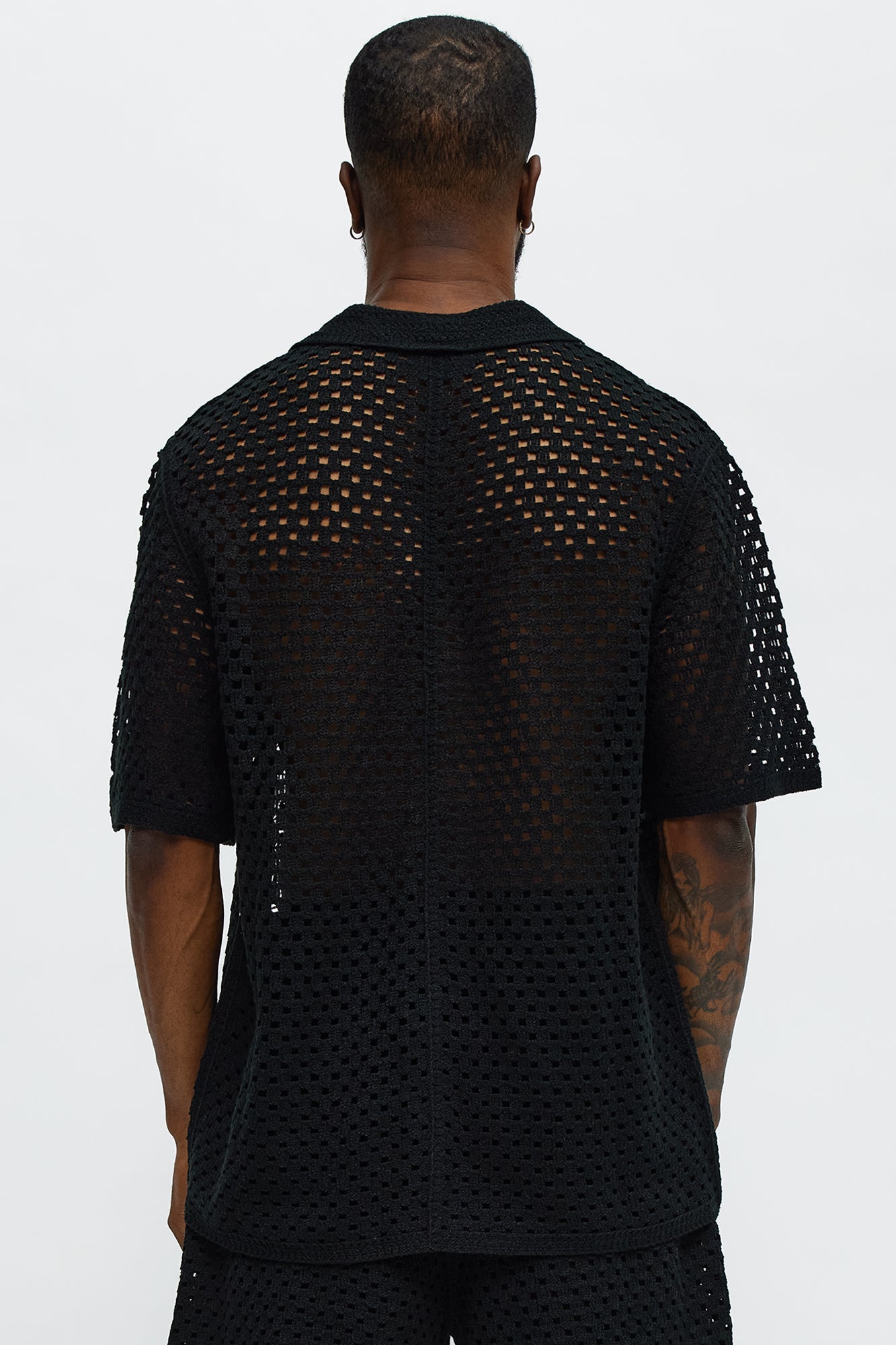 Crochet Panel Cuban Collar Button Up Shirt - Black/combo