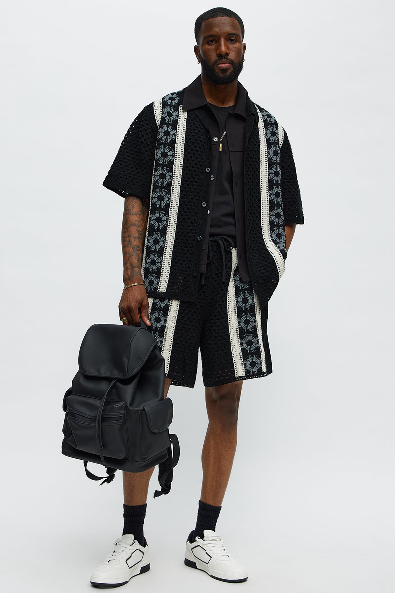 Crochet Panel Cuban Collar Button Up Shirt - Black/combo