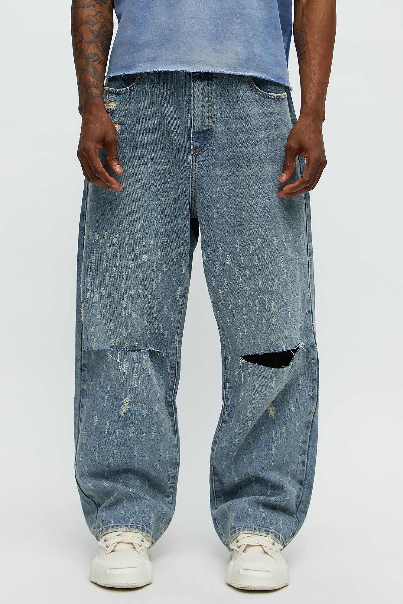 Baggy Scattered Distressed Jeans - Medium Blue Wash
