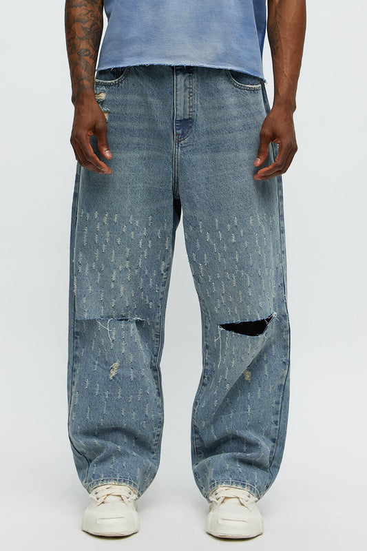 Baggy Scattered Distressed Jeans - Medium Blue Wash