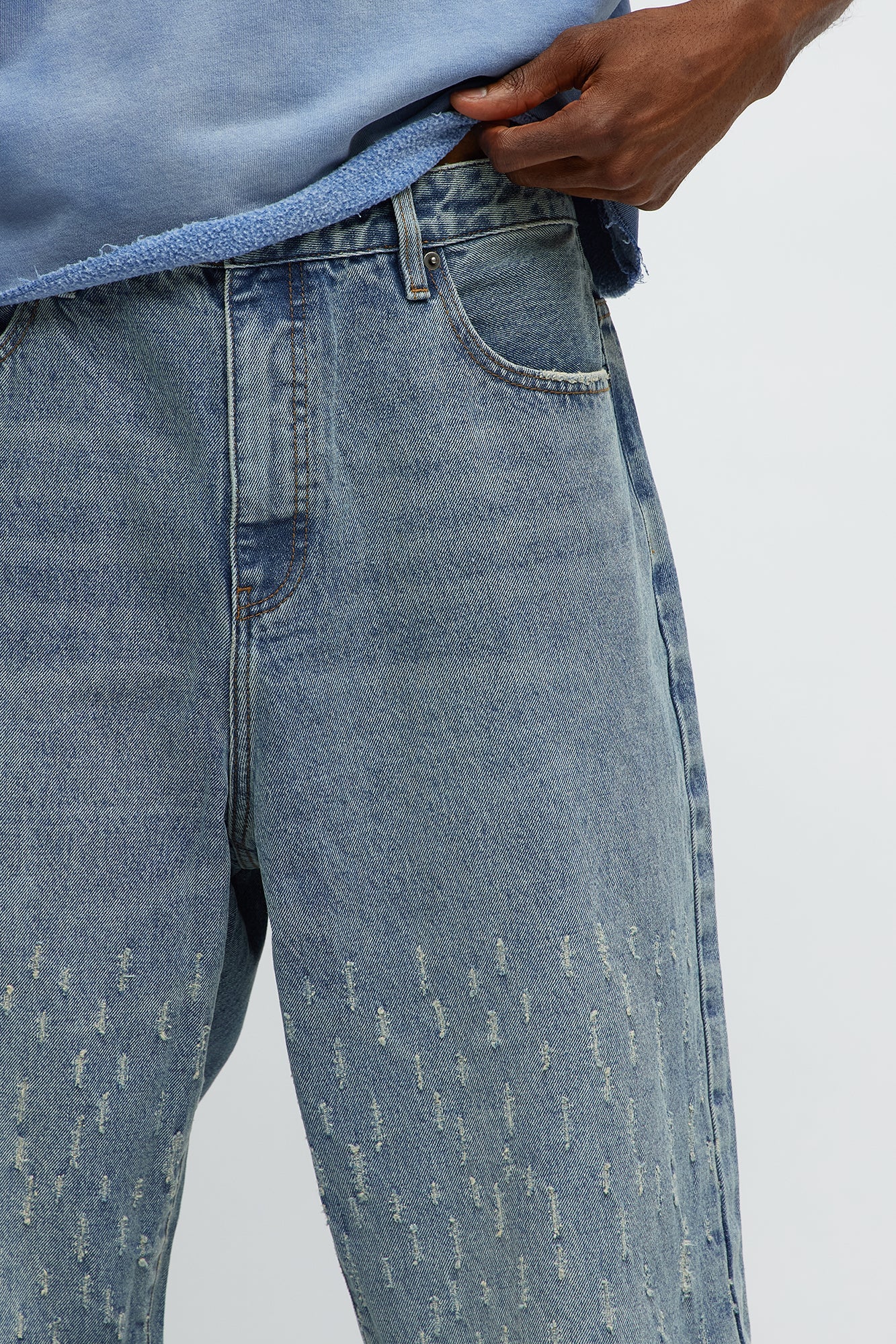 Baggy Scattered Distressed Jeans - Medium Blue Wash