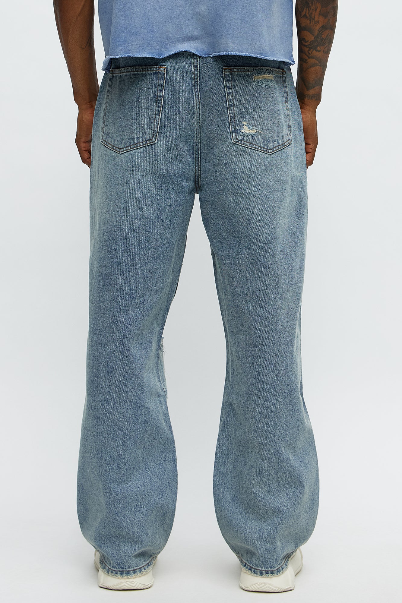 Baggy Scattered Distressed Jeans - Medium Blue Wash