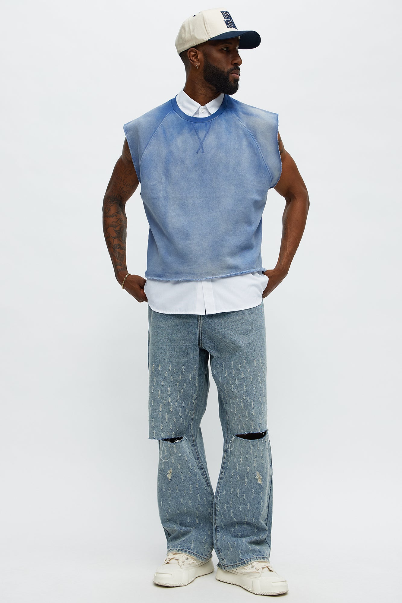 Baggy Scattered Distressed Jeans - Medium Blue Wash