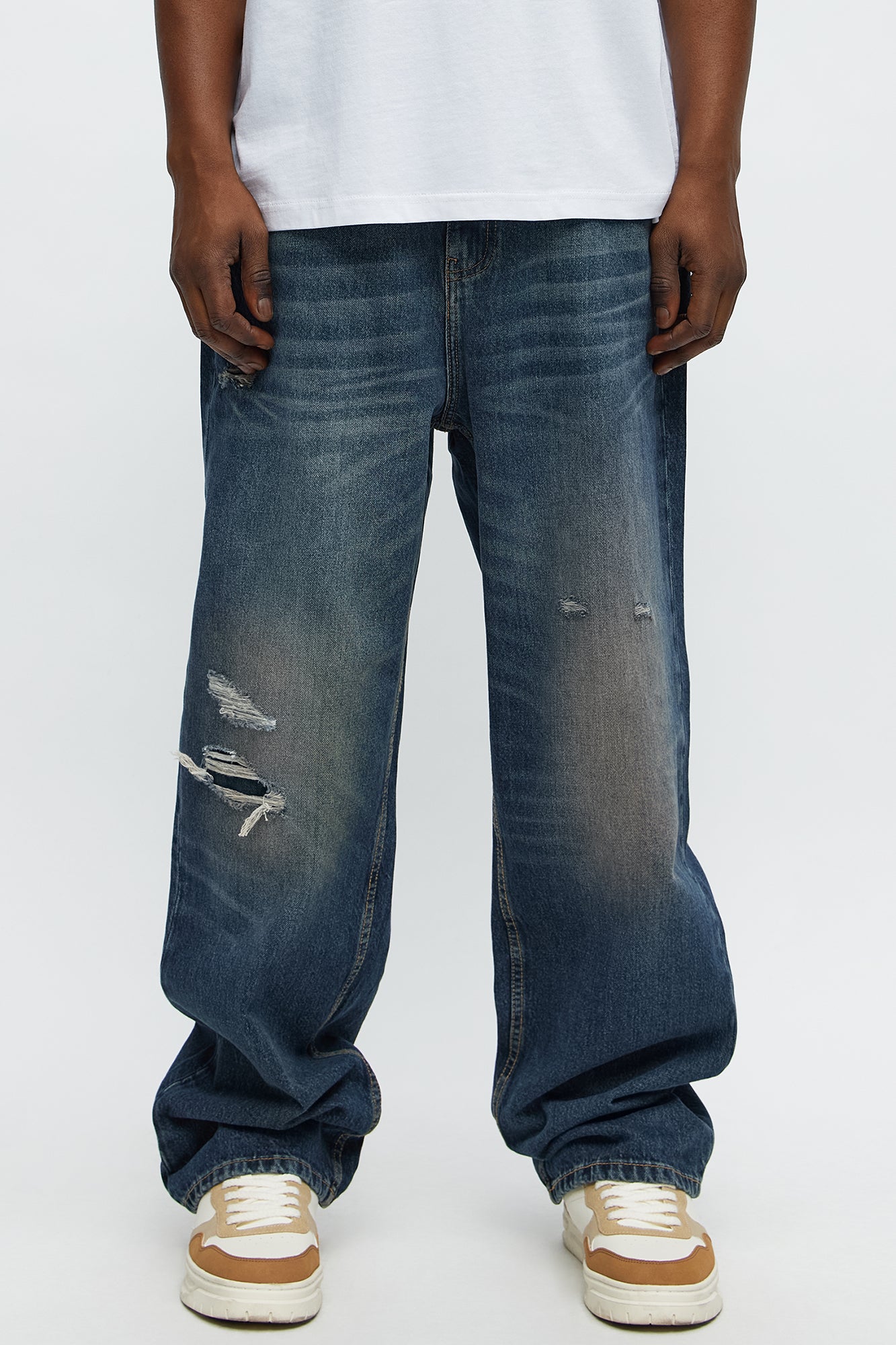 Keeping Tabs Distressed Baggy Jeans - Dark Wash