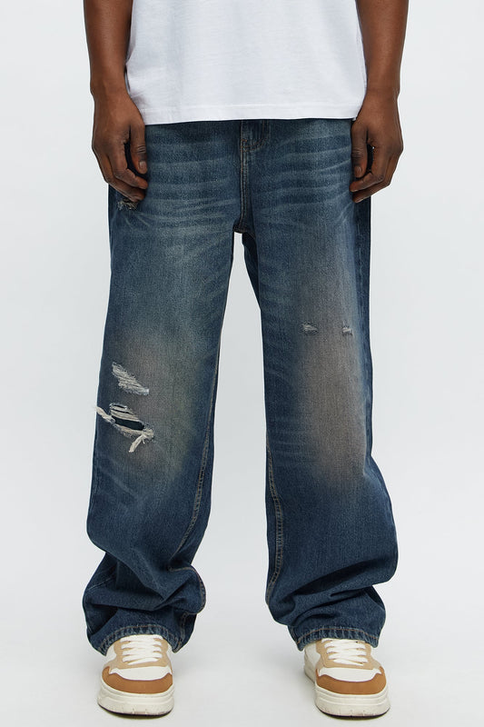 Keeping Tabs Distressed Baggy Jeans - Dark Wash