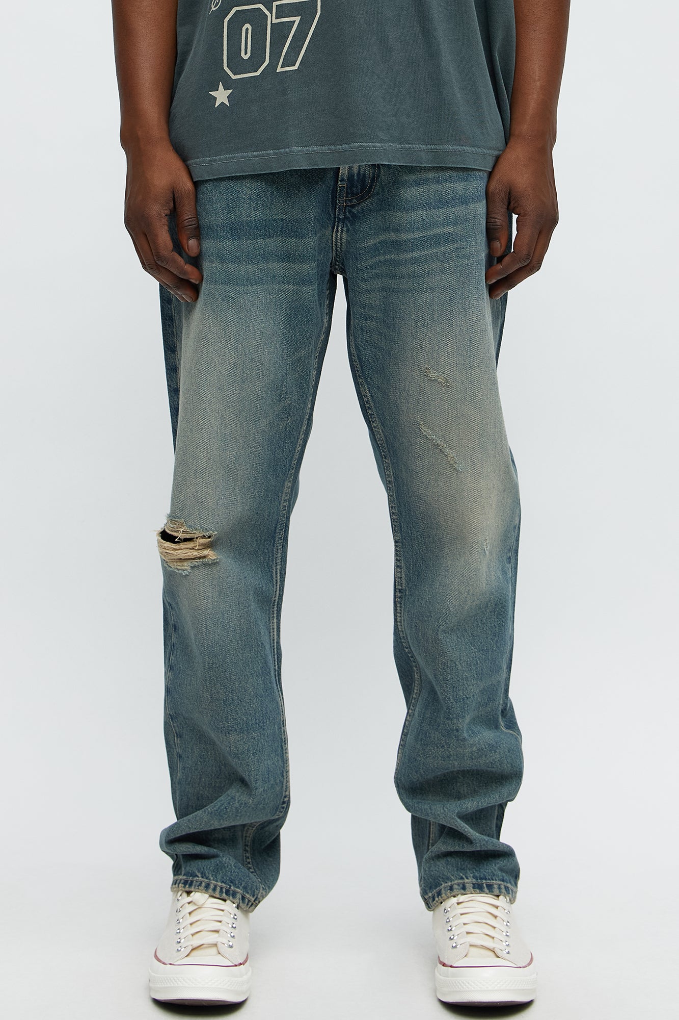 Keep You Guessing Distressed Slim Jeans - Medium Blue Wash