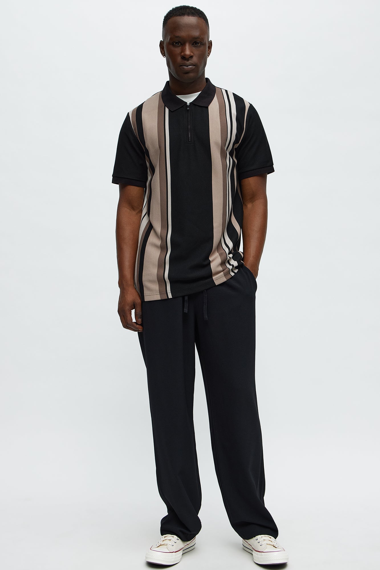 Textured Striped Quarter Zip Polo - Black