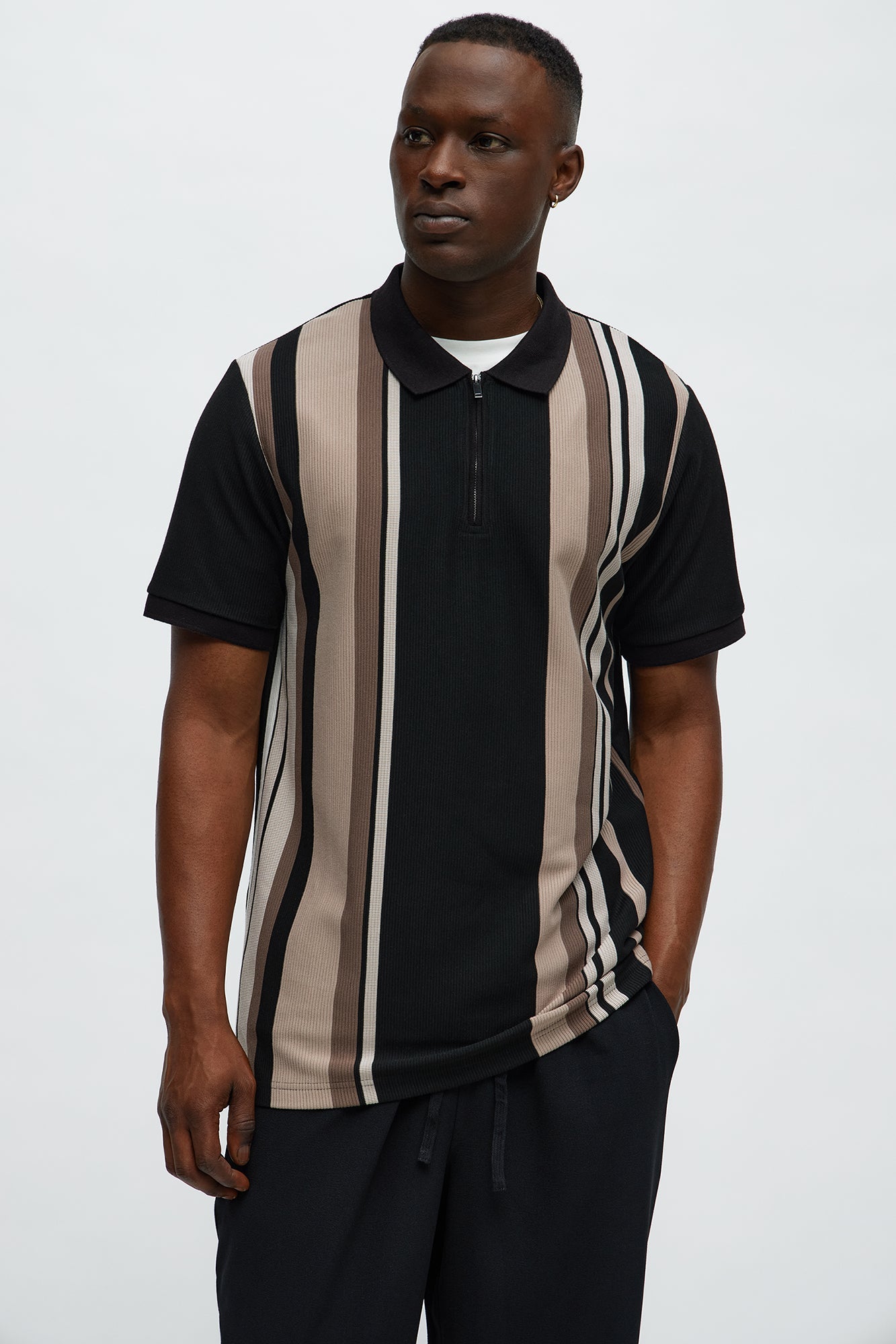 Textured Striped Quarter Zip Polo - Black