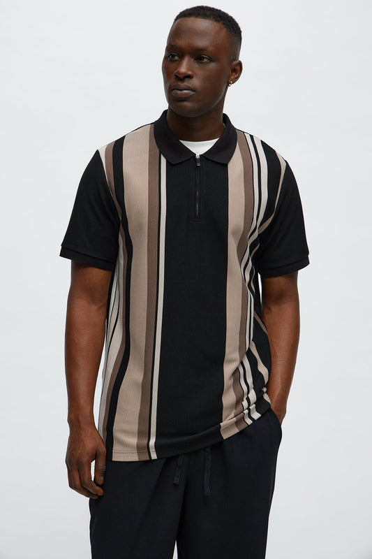 Textured Striped Quarter Zip Polo - Black