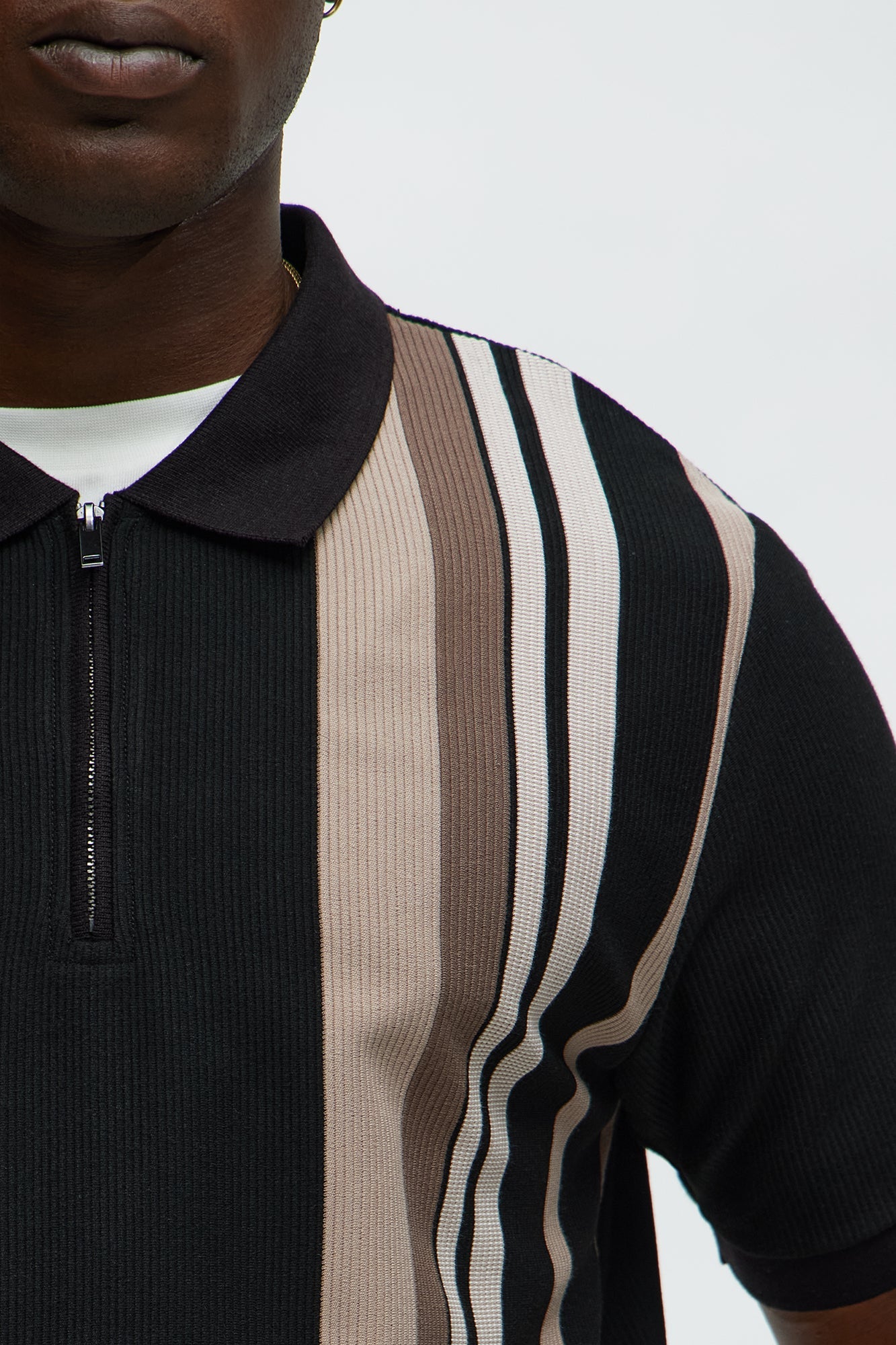 Textured Striped Quarter Zip Polo - Black