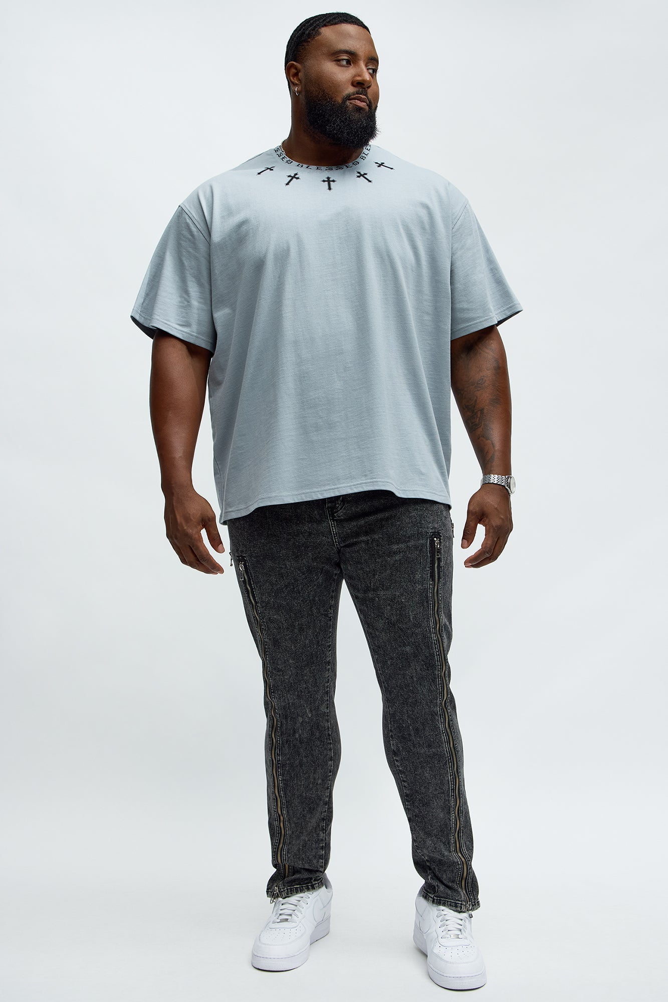 Short Sleeve Blessed Graphic Collar Tee - Grey