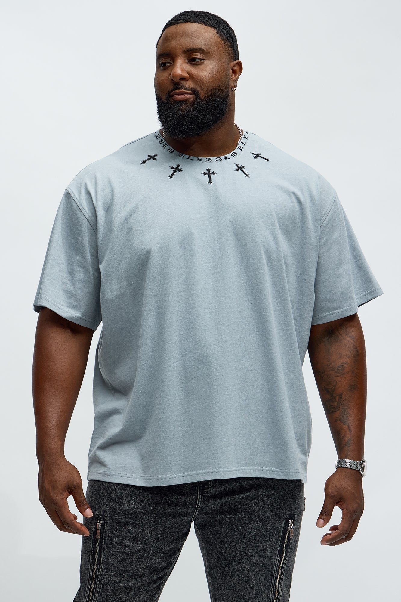 Short Sleeve Blessed Graphic Collar Tee - Grey