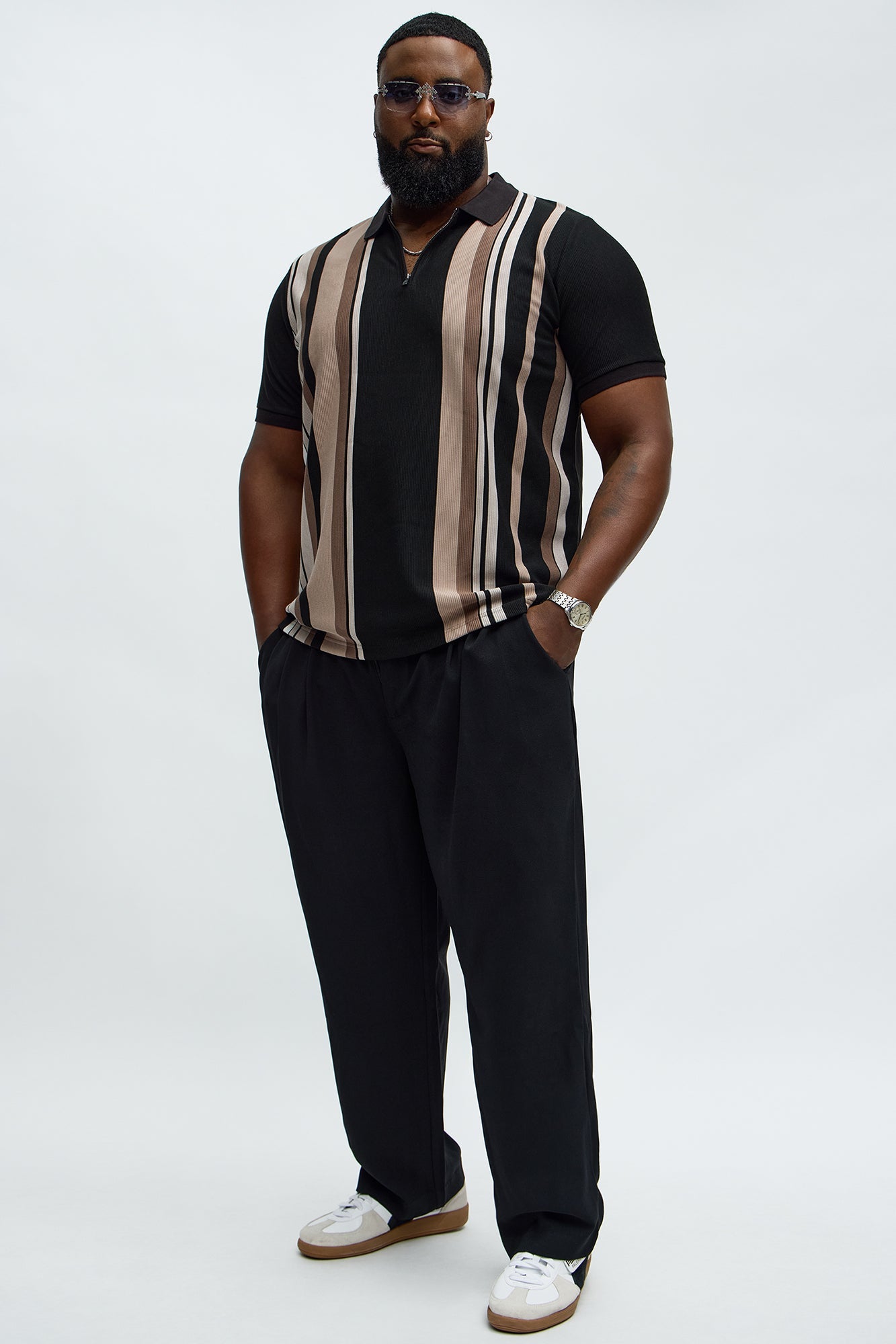 Textured Striped Quarter Zip Polo - Black