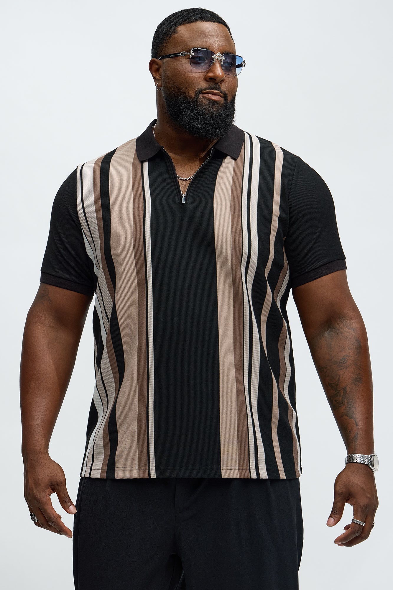 Textured Striped Quarter Zip Polo - Black