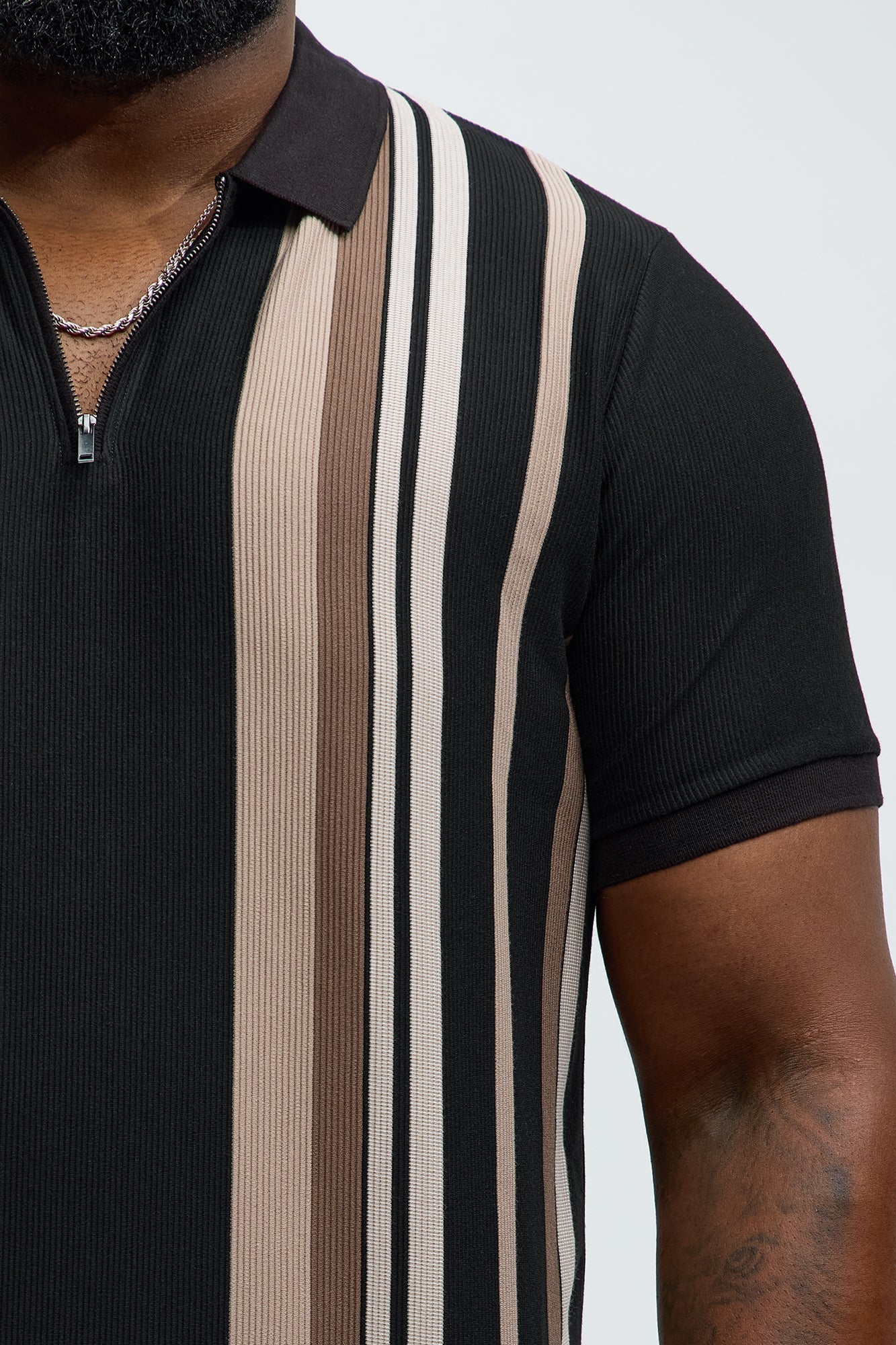 Textured Striped Quarter Zip Polo - Black