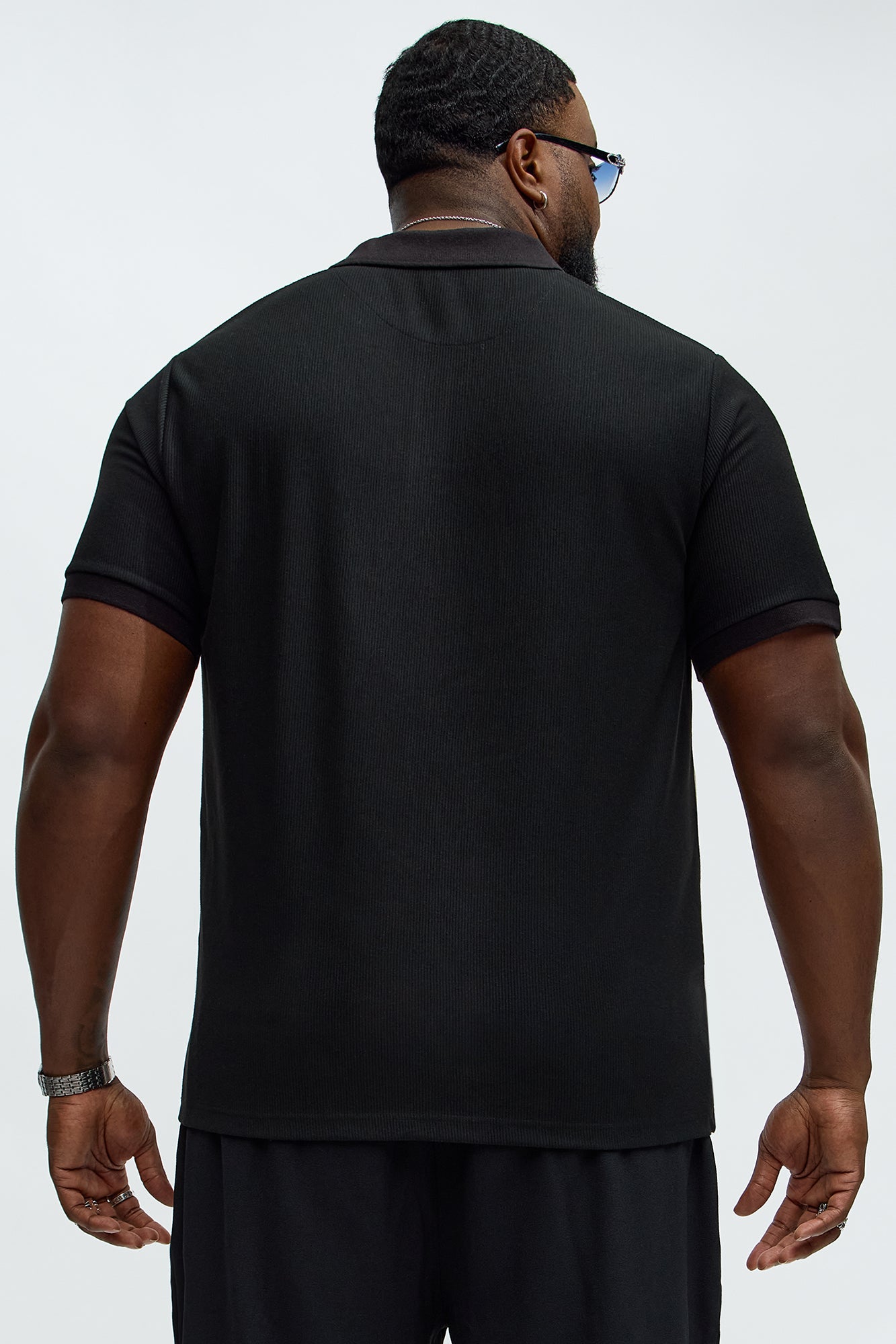 Textured Striped Quarter Zip Polo - Black