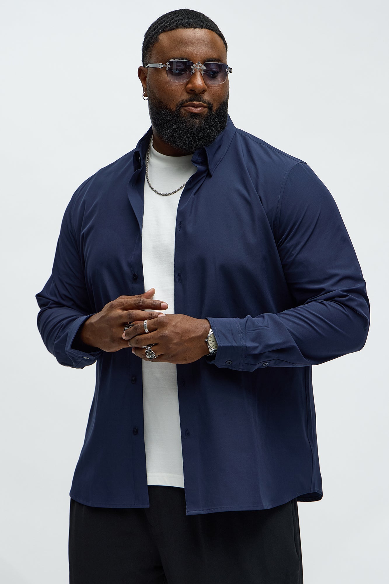 Slim Long Sleeve Stretch Shirt - Navy