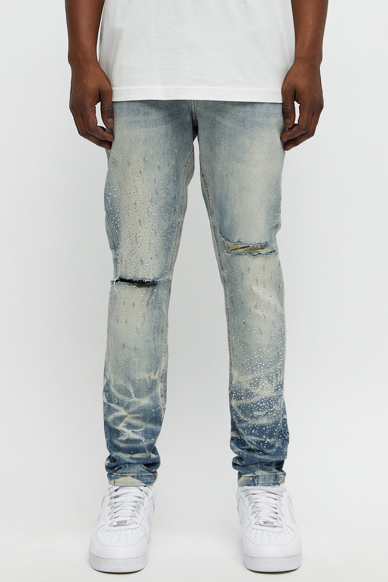 Young Star Jeweled Distressed Skinny Jeans - Medium Blue Wash