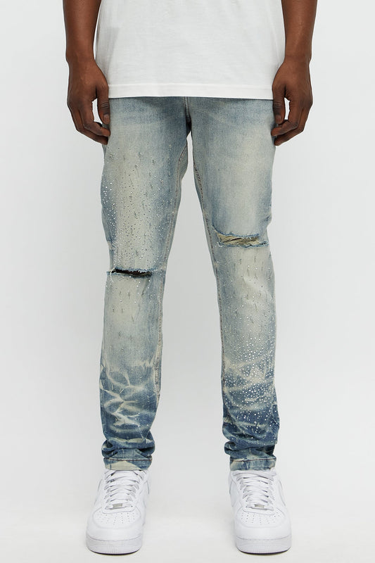 Young Star Jeweled Distressed Skinny Jeans - Medium Blue Wash