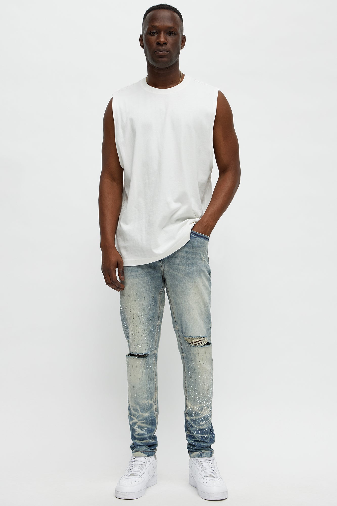 Young Star Jeweled Distressed Skinny Jeans - Medium Blue Wash